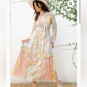 NEW Barok Patchwork Maxi Pastels Houndstooth Floral Ruffle Neck Tie Size Small